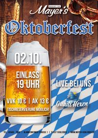 Am 02. Oktober 2024 findet wieder unser Oktoberfest im Mayer's statt. Einlass ist ab 19 Uhr. Live bei uns ist die Band 